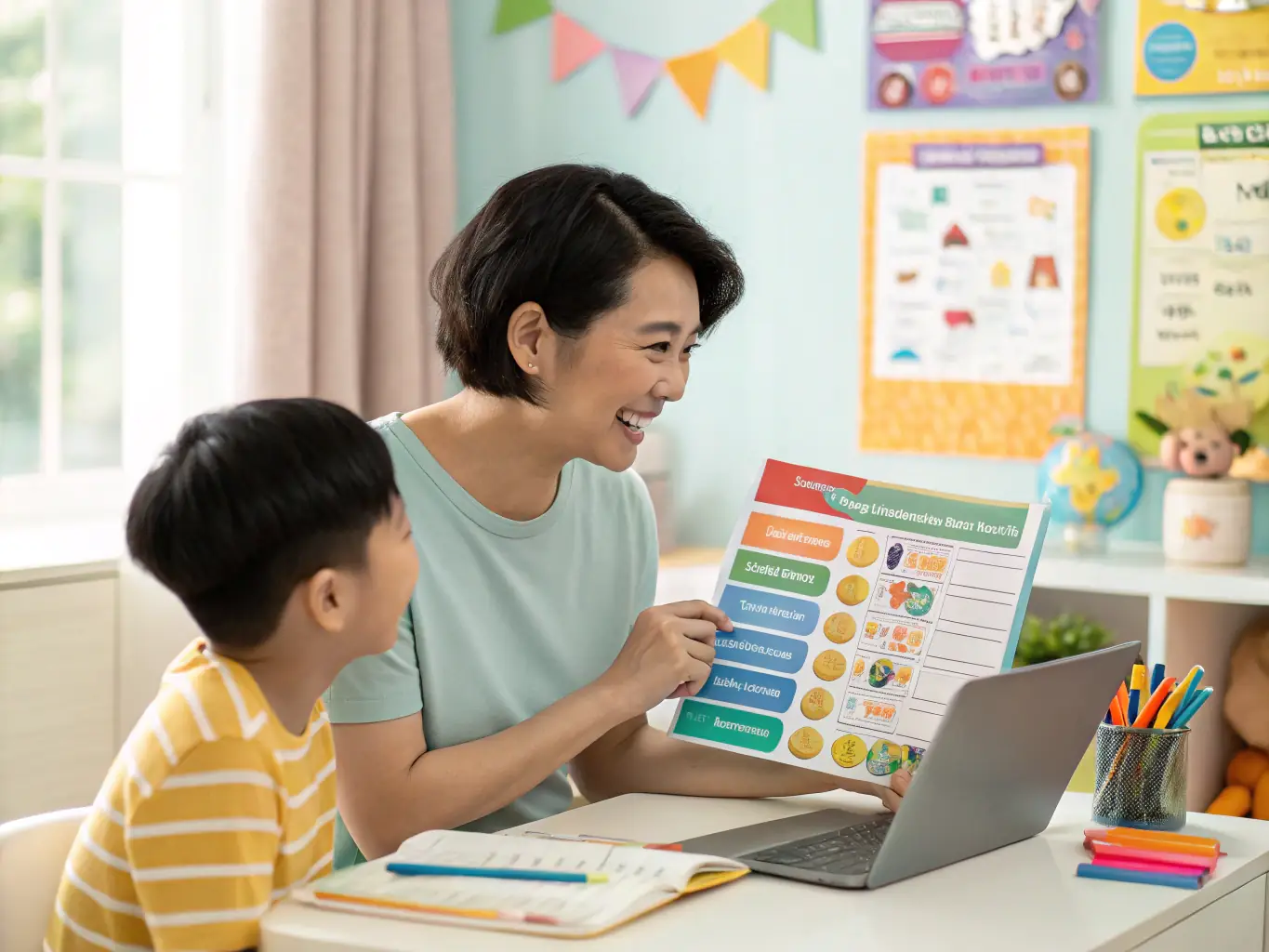 A friendly tutor using visual aids to explain grammar concepts to a young student during an online session. The background shows a colorful and interactive learning environment.