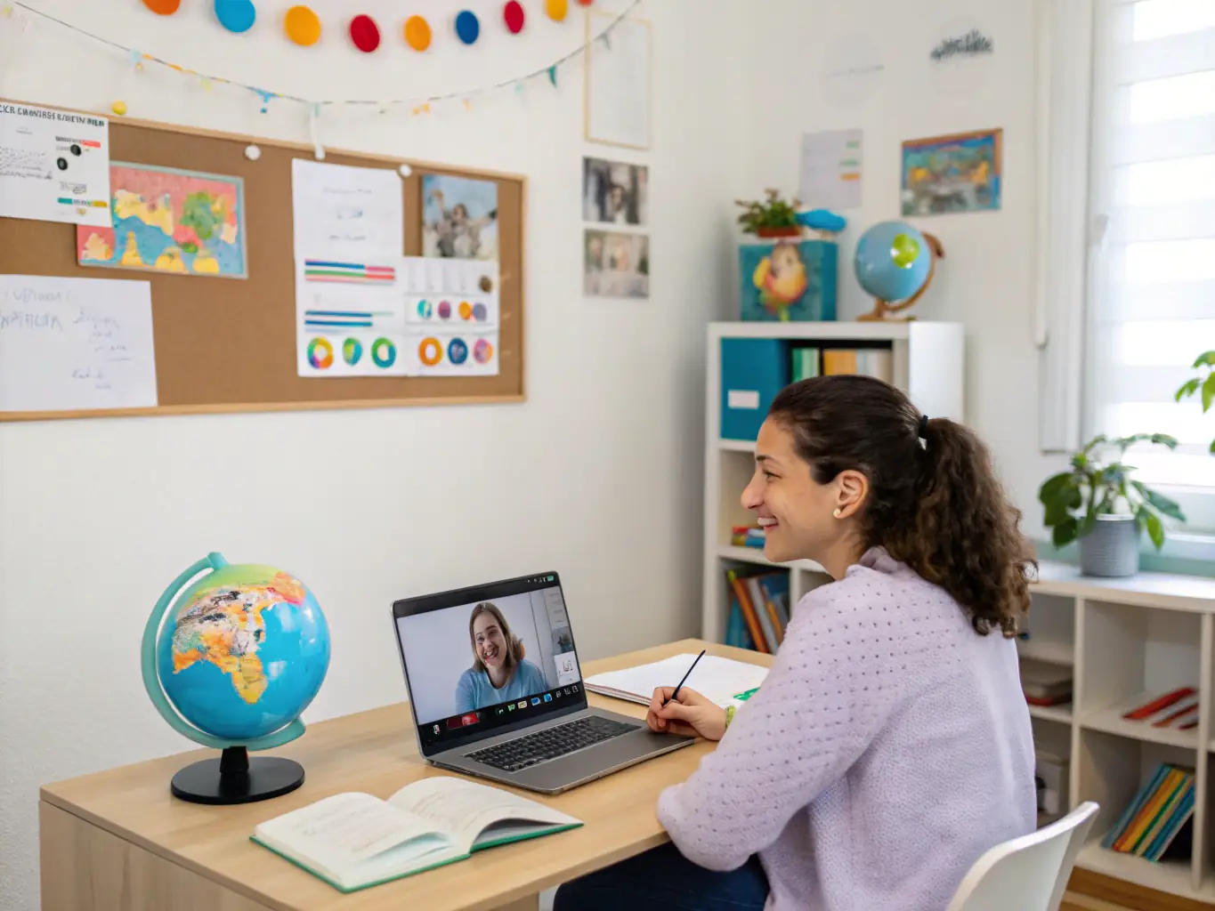 An image of a tutor engaging with a student via video call, with educational materials on the screen, representing personalized English tutoring.