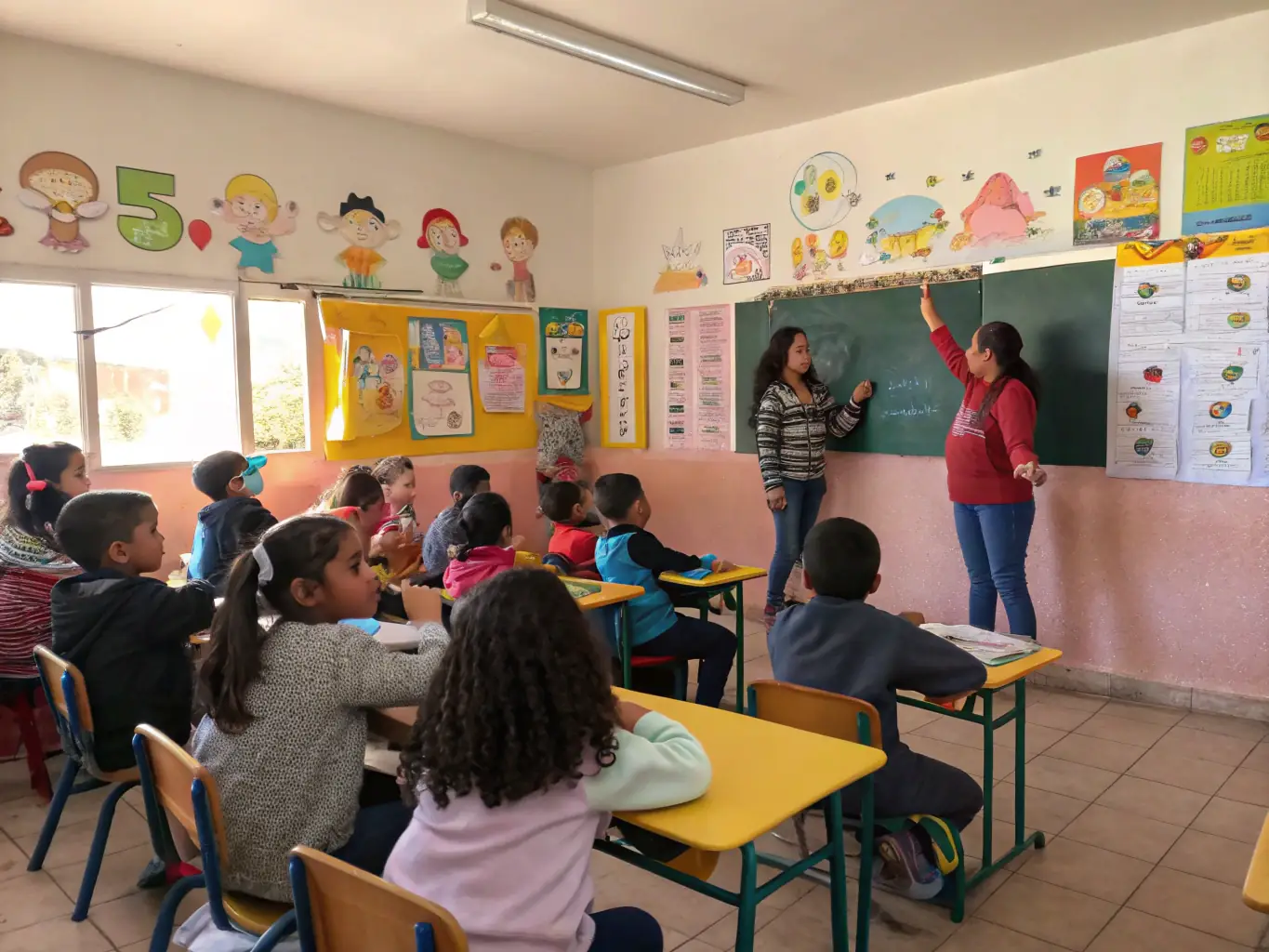 A photograph of a diverse group of students participating in an interactive English lesson, showcasing cultural exchange and language learning.