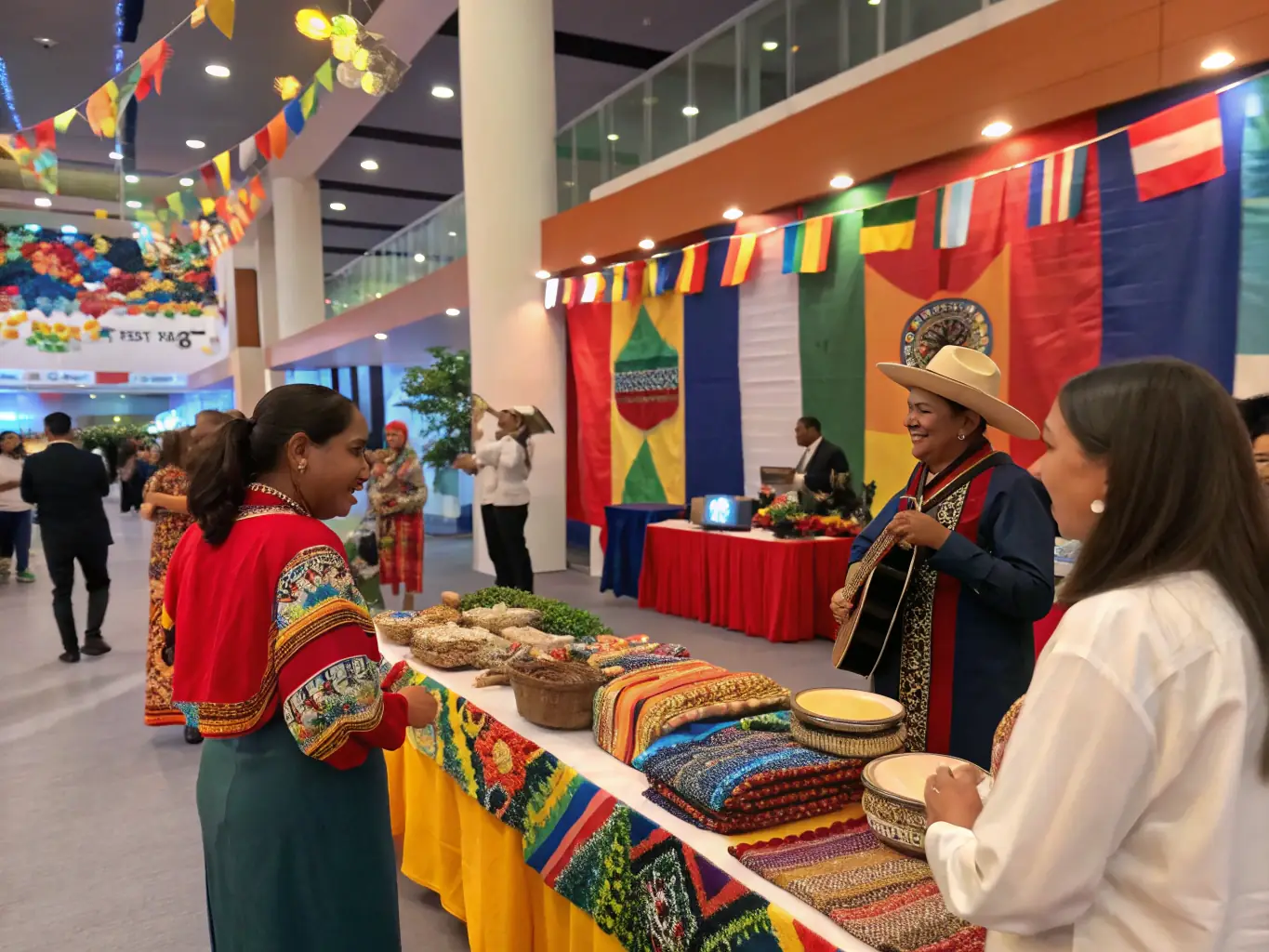 A diverse group of students participating in a cultural exchange program, learning about different traditions and customs. The setting is a vibrant and colorful cultural center.