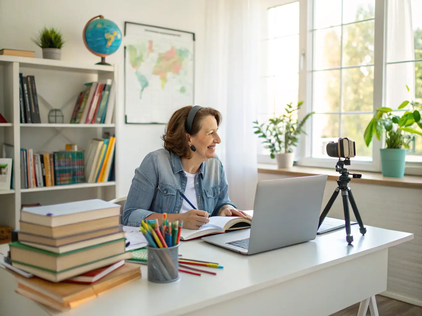 A focused young student participating in an online English lesson with a friendly international teacher, both smiling and engaged in the learning process. The background shows a comfortable home setting.